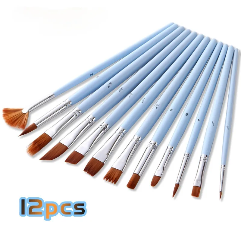 12 Multi-Shape  Nylon Wool Copper Tube P Set Gouache Brush Pen Light Blue Rod Brush