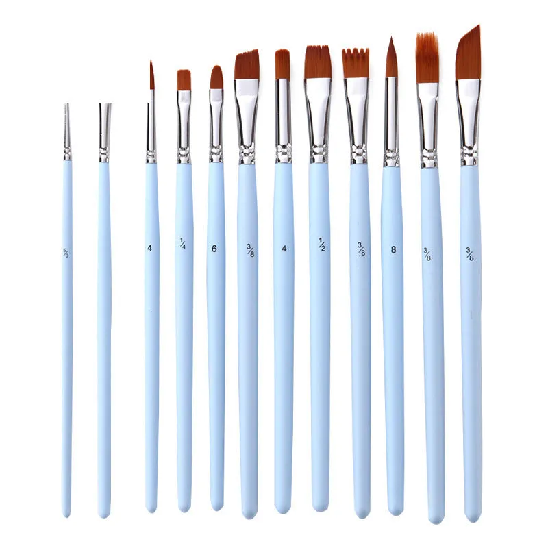 12 Multi-Shape  Nylon Wool Copper Tube P Set Gouache Brush Pen Light Blue Rod Brush