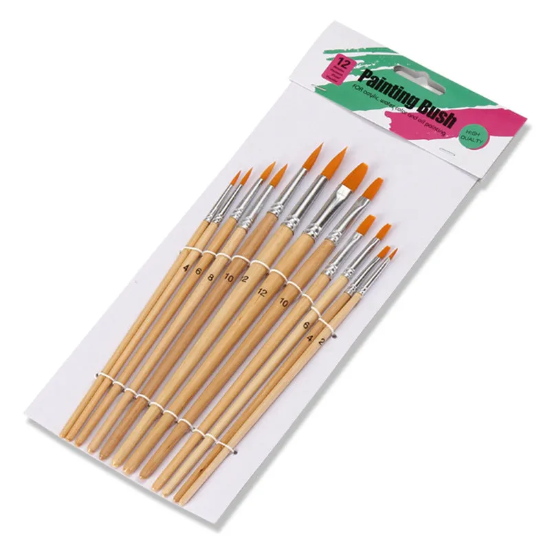 12 Nylon Wool Watercolor Brush 6 Pointed 6 Flat Wood Color Rod Art