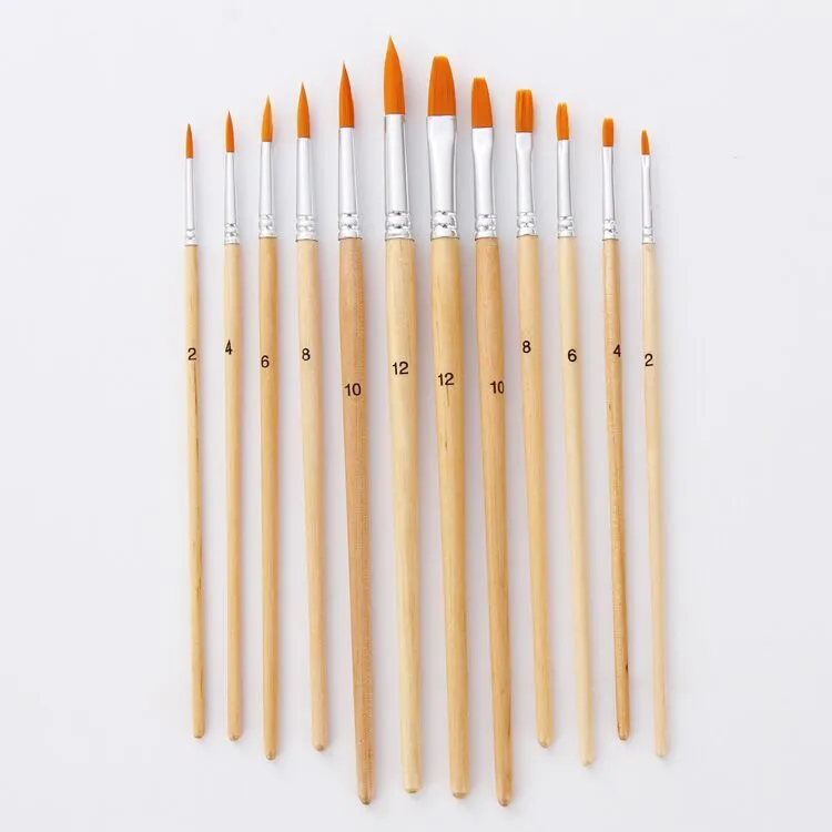 12 Nylon Wool Watercolor Brush 6 Pointed 6 Flat Wood Color Rod Art