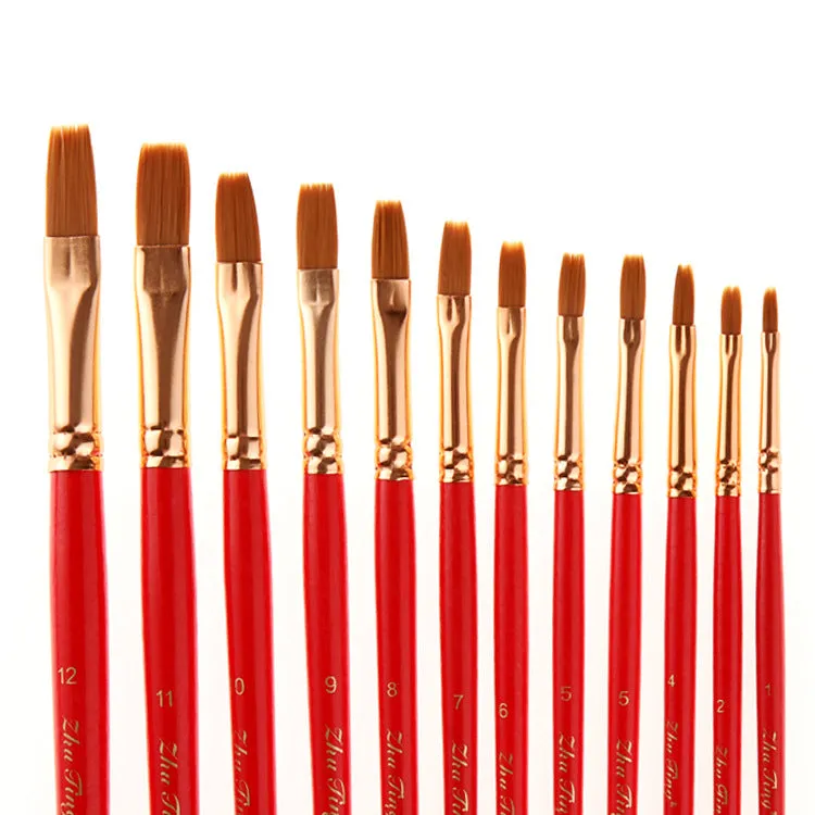 12pcs Watercolor Nylon Hair Brush Red Rod Flat Front