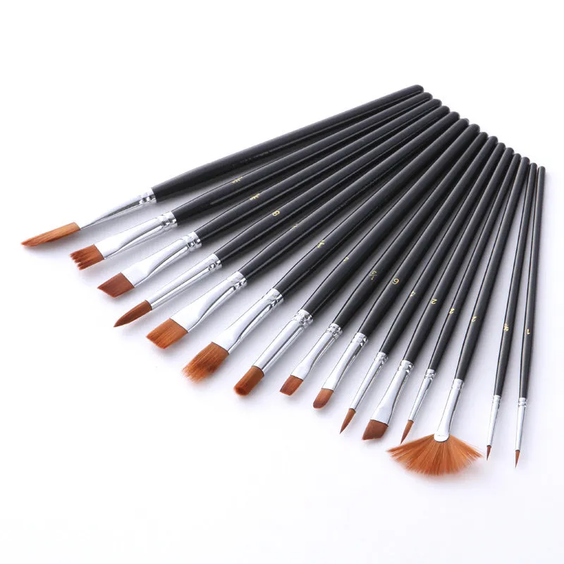 15 PCs Multi-Shape Nylon Hair Brush Set Copper Tube with Painting Cloth Bag Art