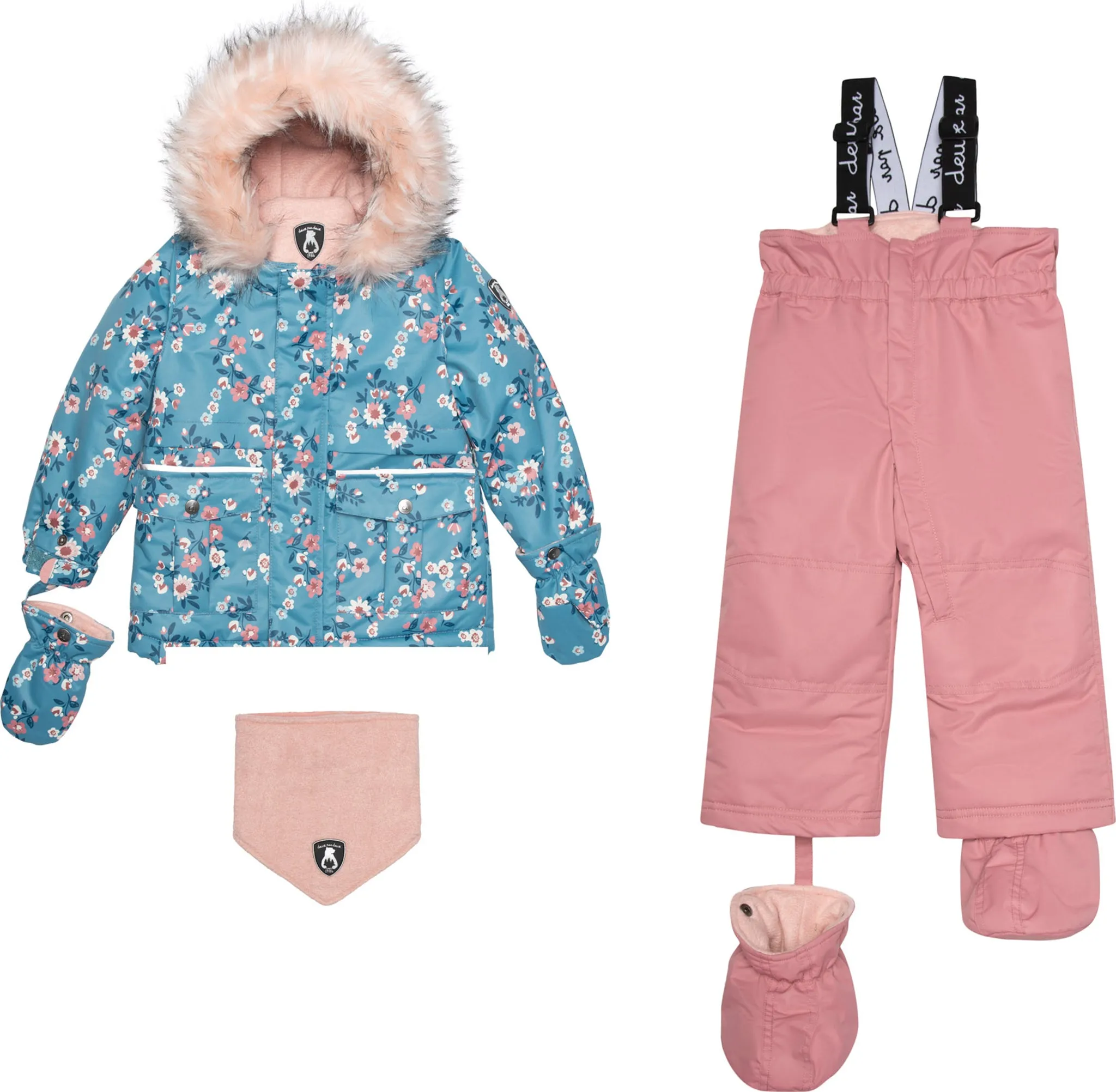 Ancient Rose with Spring Flower Print Two Piece Snowsuit - Baby Girls|-|Habit de neige deux pièces rose ancien avec imprimé de fleur printemps - Bébé