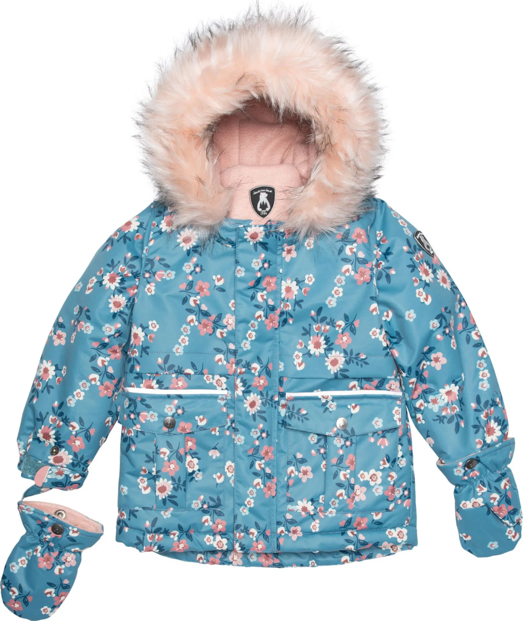 Ancient Rose with Spring Flower Print Two Piece Snowsuit - Baby Girls|-|Habit de neige deux pièces rose ancien avec imprimé de fleur printemps - Bébé