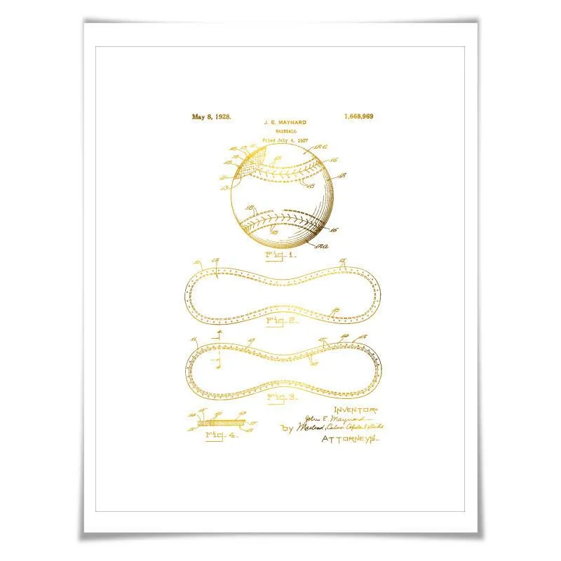 Baseball Patent Illustration Gold Foil Print. 7 Foil Colours. Sports Poster. Vintage Art Print