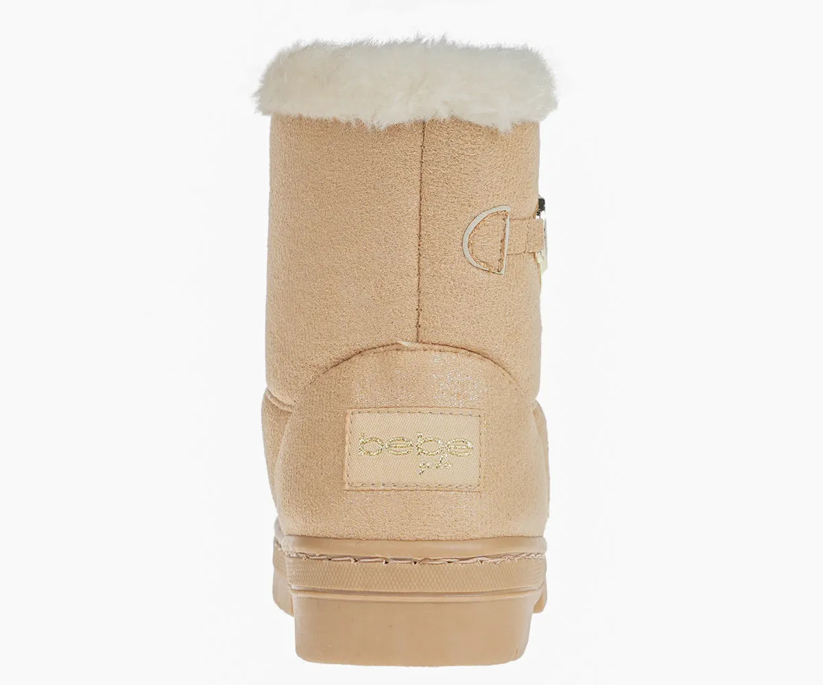 bebe Girl's Winter Boots Fur Boot Cuffs Sherpa Lined Shearling Microsuede Boots - Warm Boots For Toddler, Rose Gold/Sand