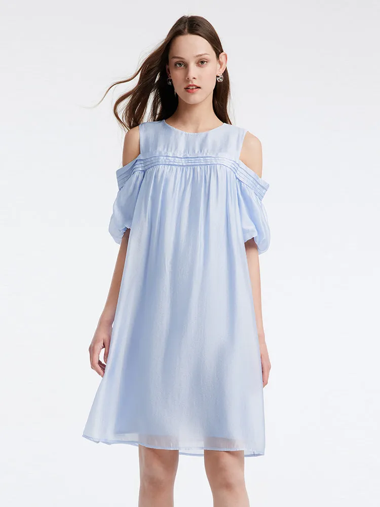 Blue Tencel Cold Shoulder Mini Dress