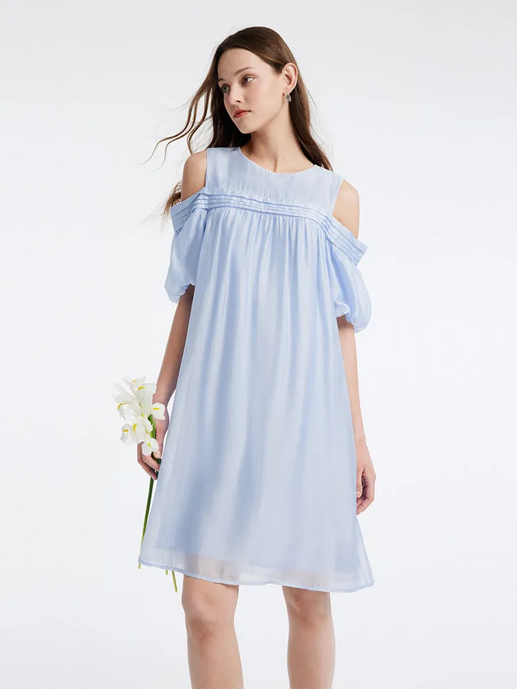 Blue Tencel Cold Shoulder Mini Dress