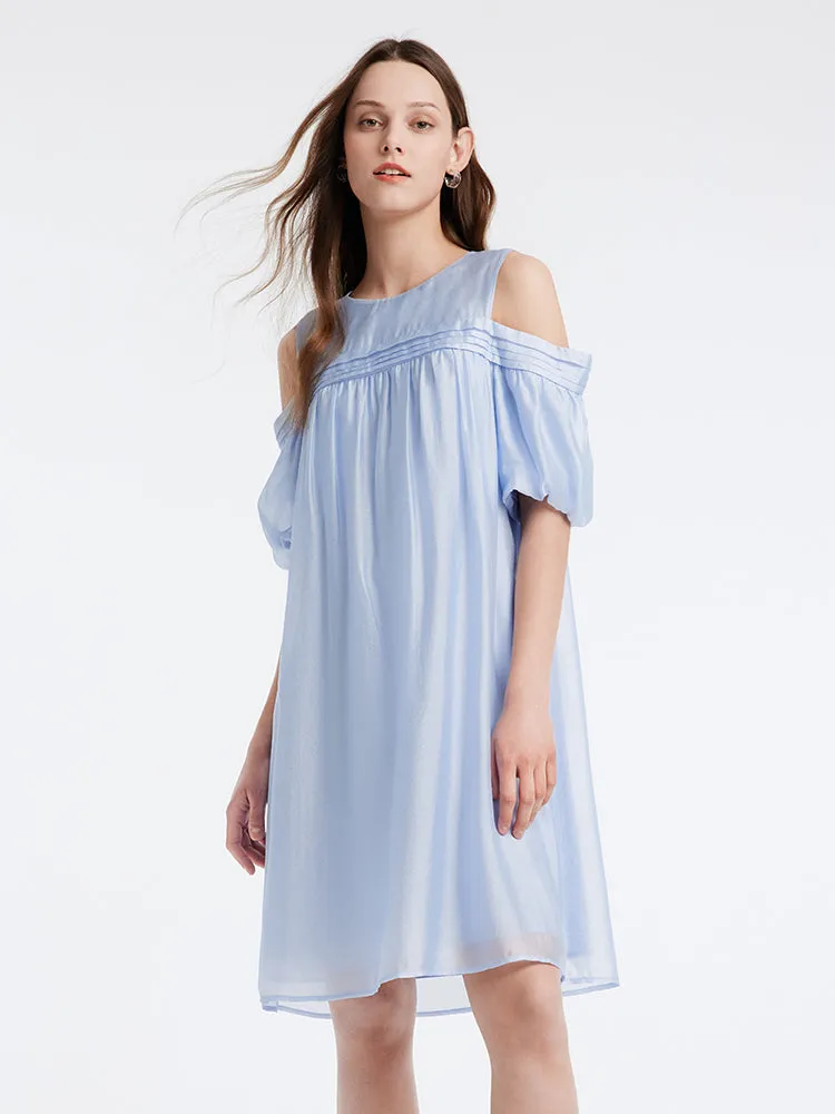 Blue Tencel Cold Shoulder Mini Dress