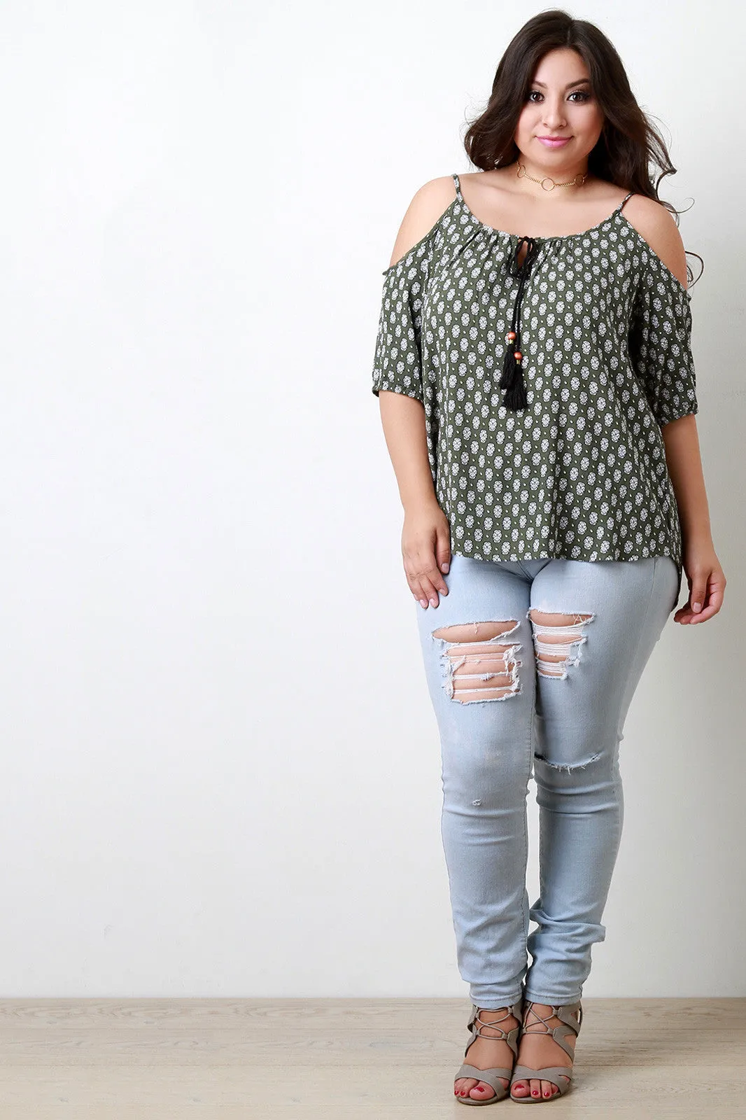 Boho Print Cold Shoulder Self-Tie Tassel Top