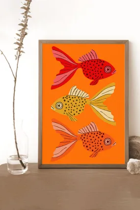 Bold Graphic Three Goldfish Giclée Art Print Poster (Orange)