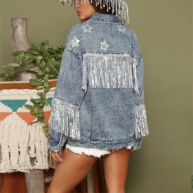 Casual Denim Streetwear Vintage Fringe Loose Korean Long Sleeve Women Coats