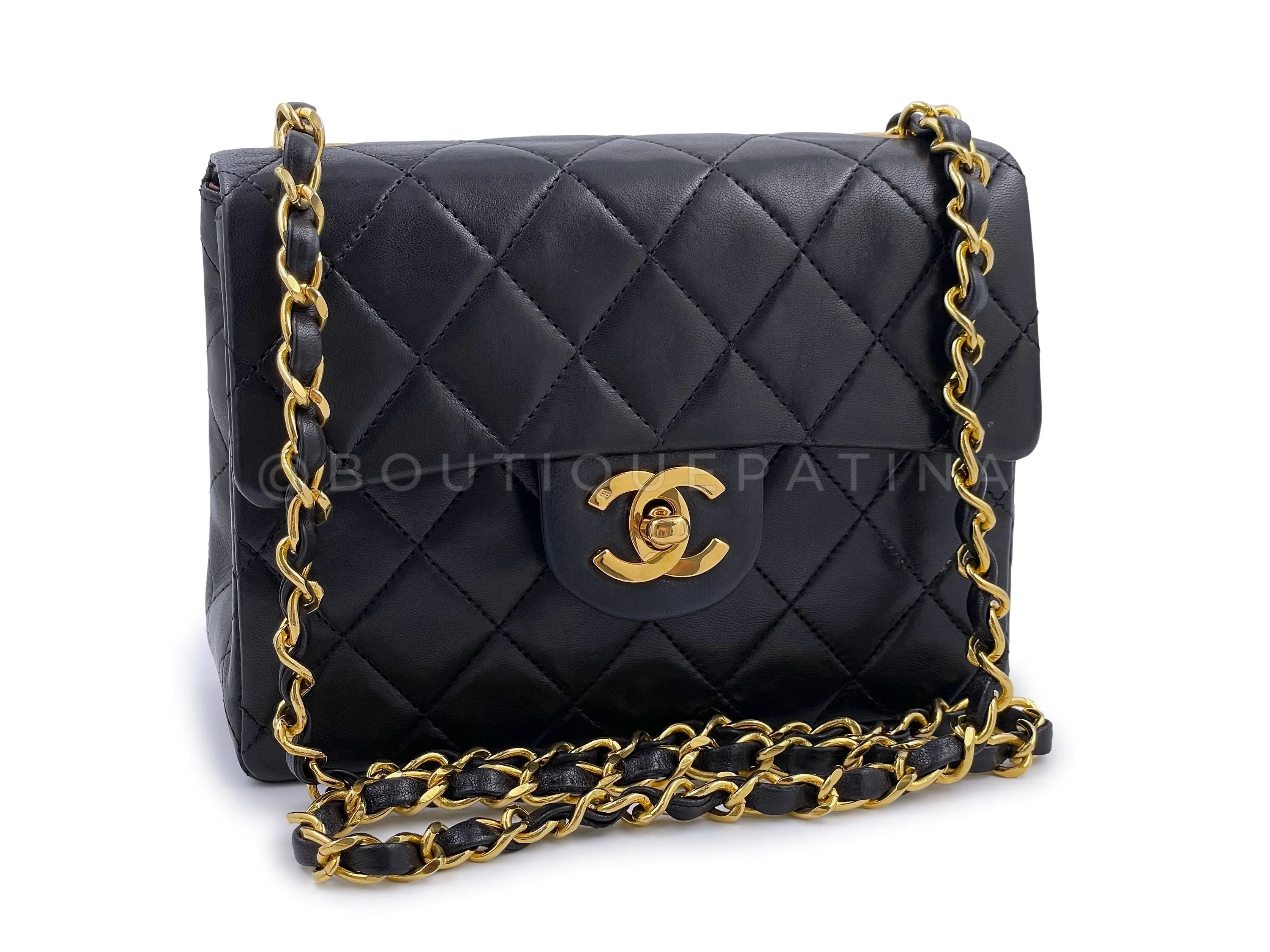 Chanel 1989 Vintage Black Square Mini Flap Bag 24k GHW Lambskin