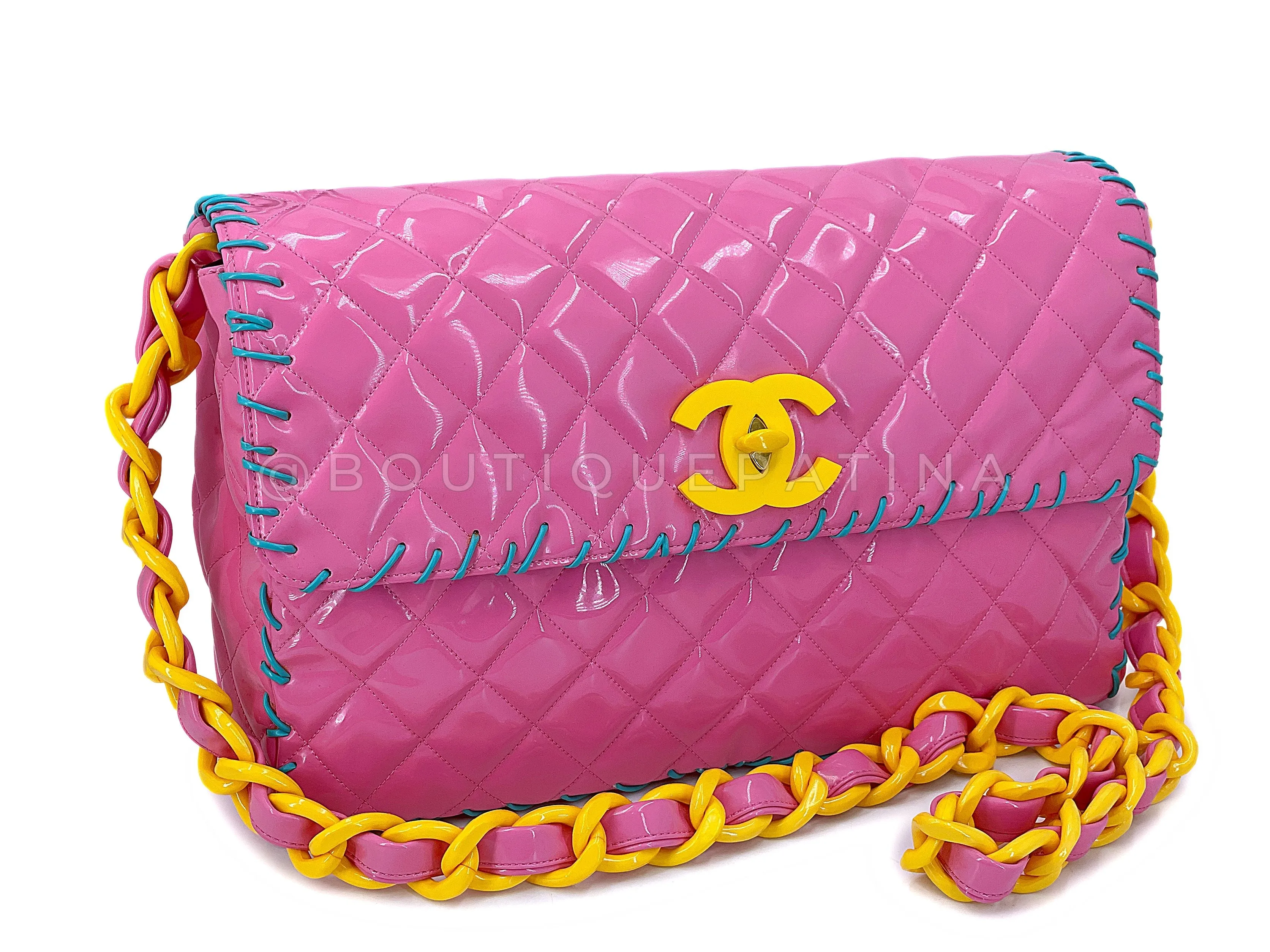 Chanel 1994 Spring Pink Patent Resin Chain Maxi Flap Bag