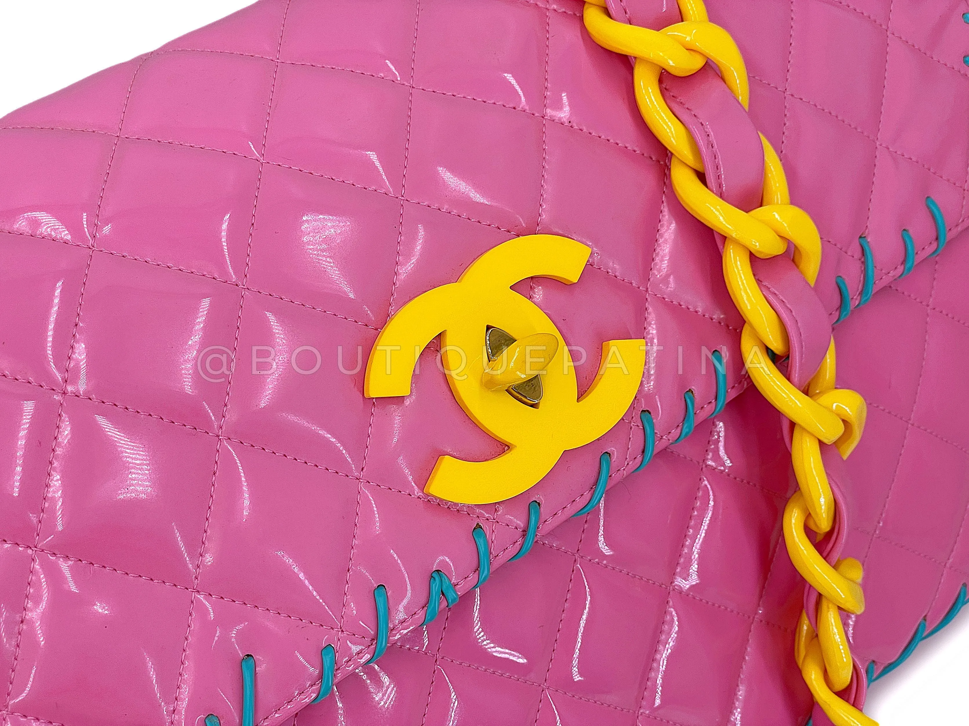 Chanel 1994 Spring Pink Patent Resin Chain Maxi Flap Bag