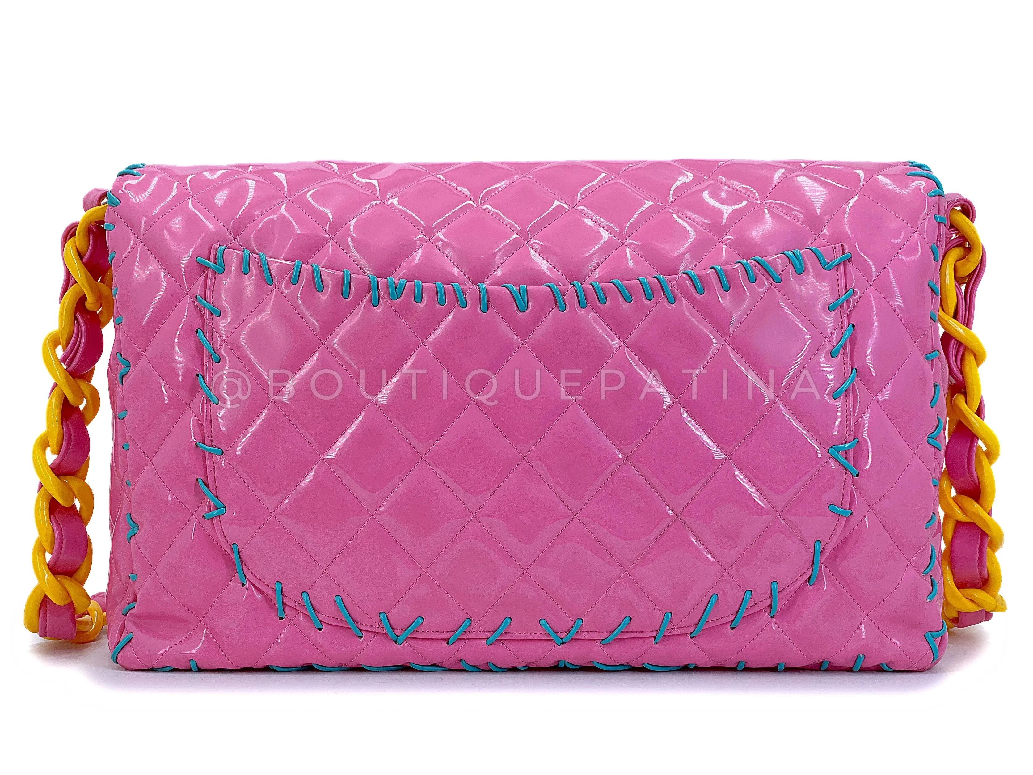 Chanel 1994 Spring Pink Patent Resin Chain Maxi Flap Bag