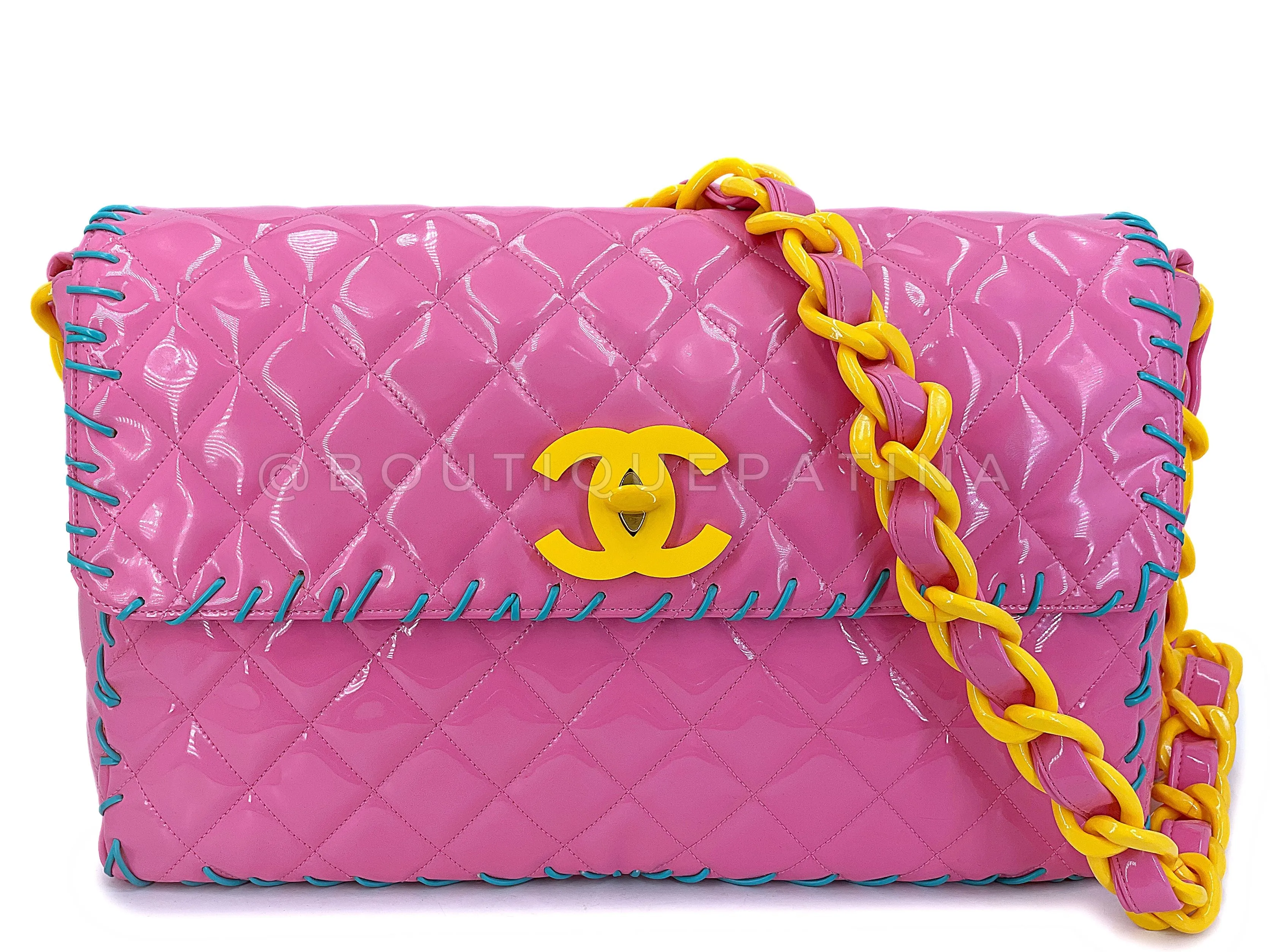 Chanel 1994 Spring Pink Patent Resin Chain Maxi Flap Bag