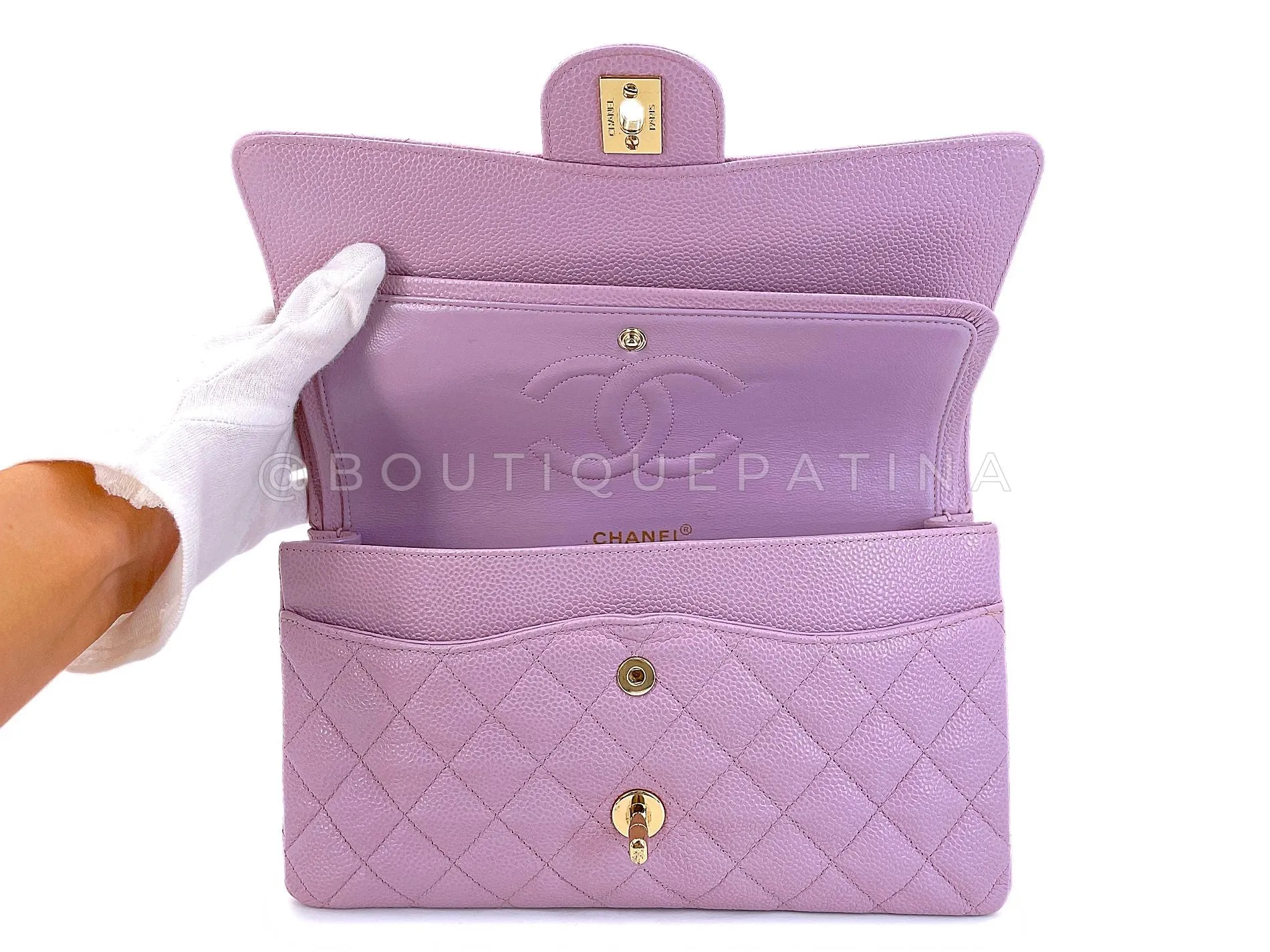 Chanel 2003 Vintage Lilac Caviar Medium Classic Double Flap Bag 24k GHW