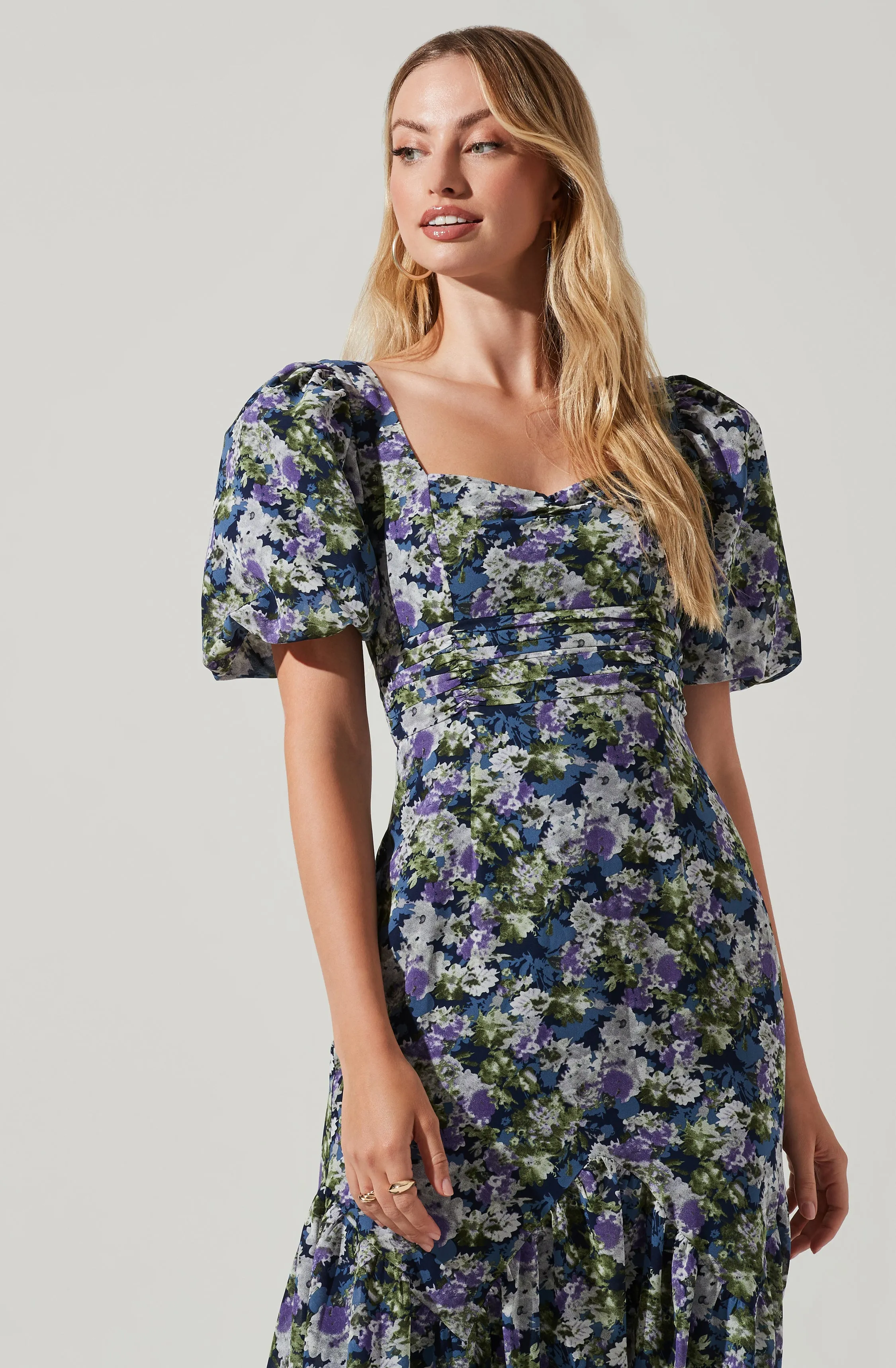 Floral Short Sleeve Asymmetrical Hem Midi Dress