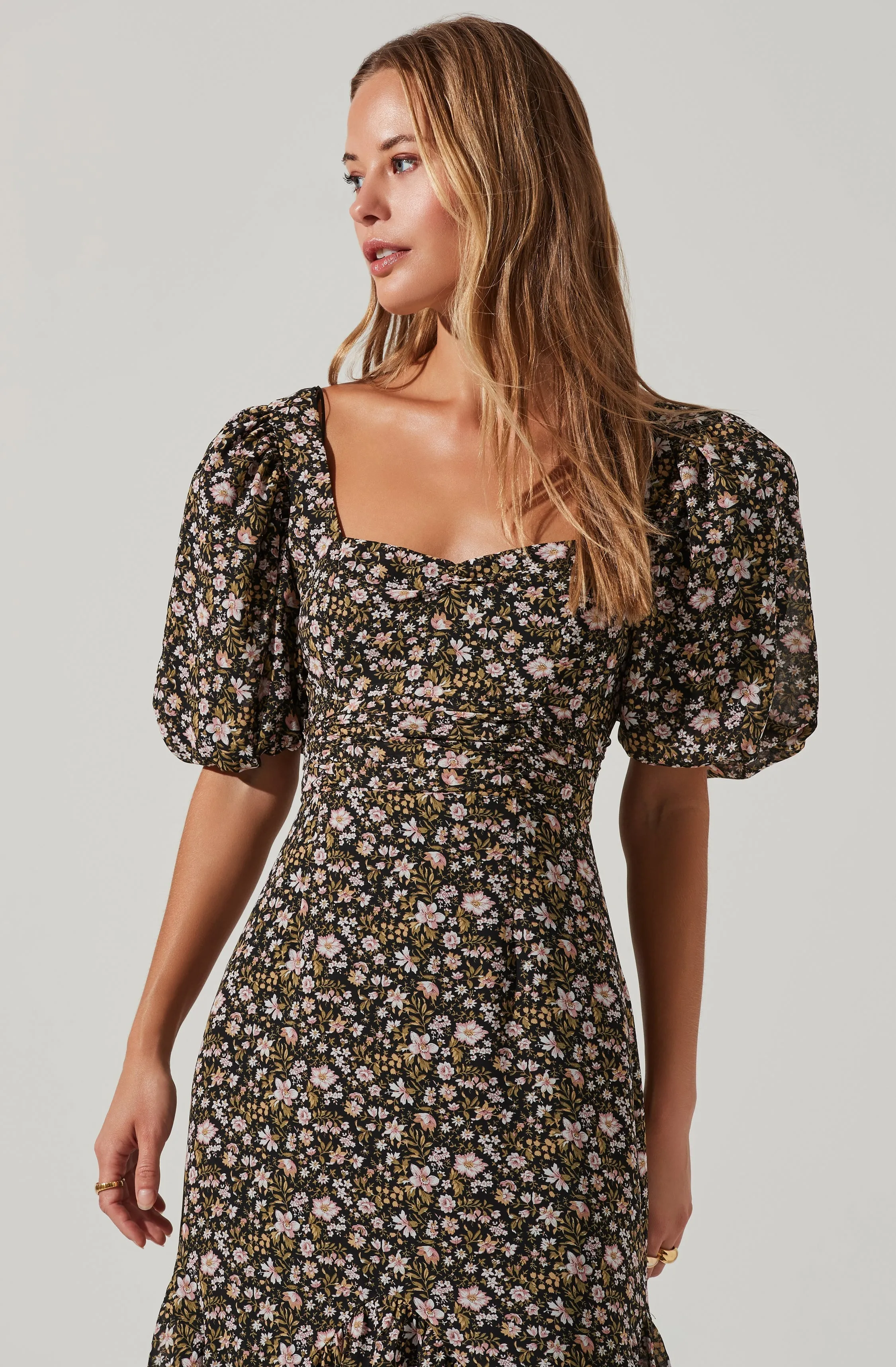 Floral Short Sleeve Asymmetrical Hem Midi Dress