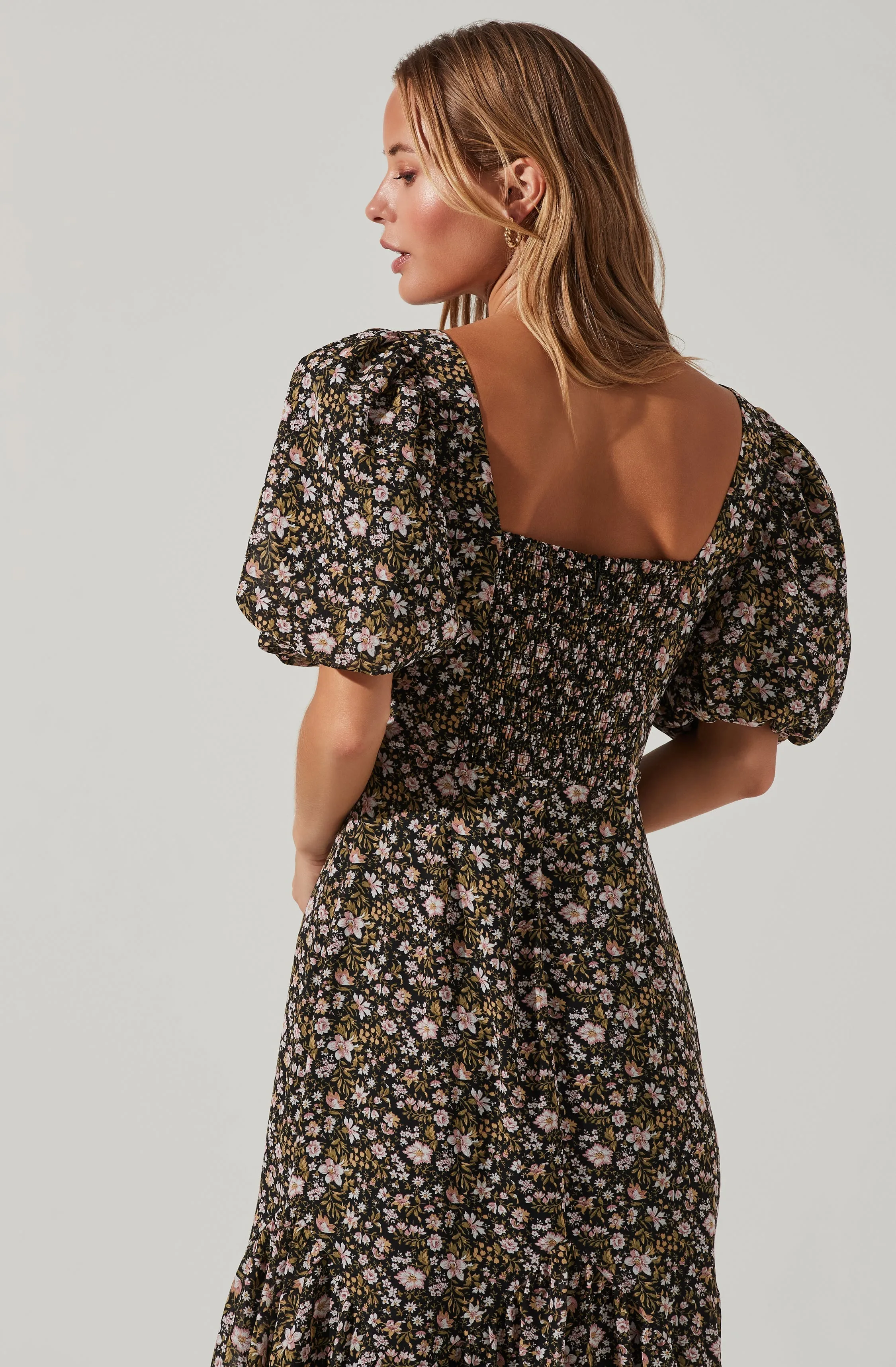 Floral Short Sleeve Asymmetrical Hem Midi Dress