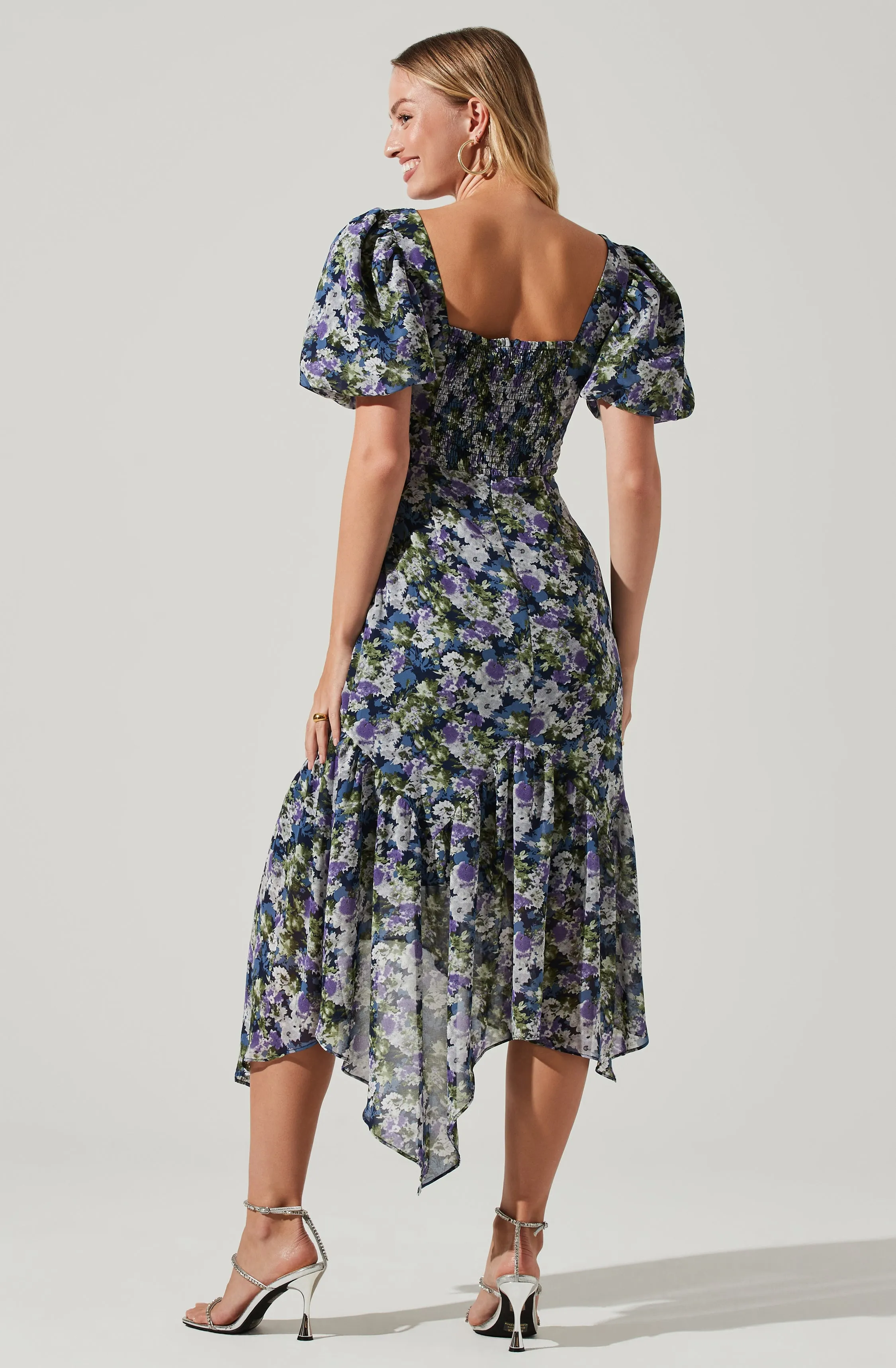 Floral Short Sleeve Asymmetrical Hem Midi Dress