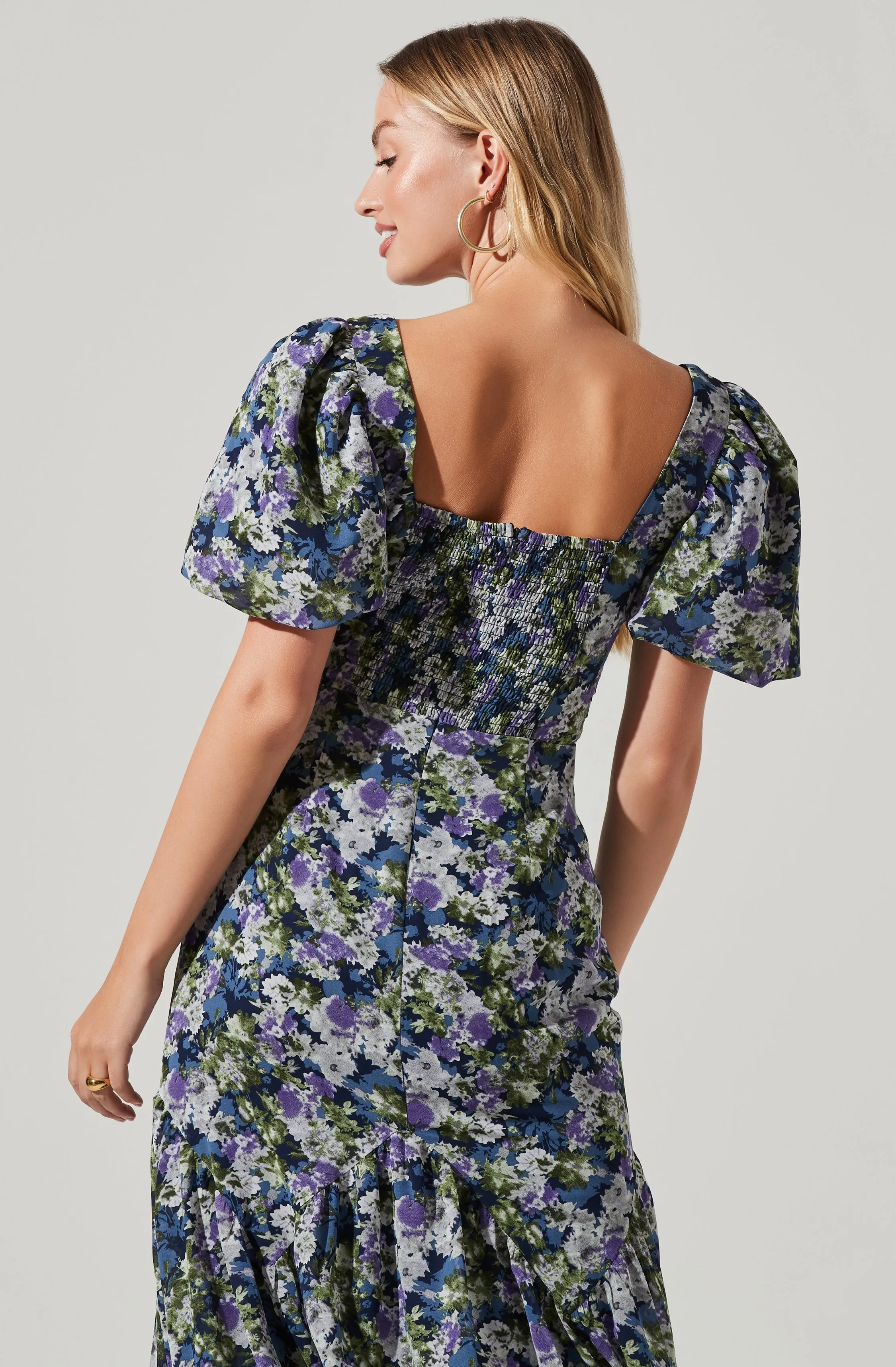 Floral Short Sleeve Asymmetrical Hem Midi Dress