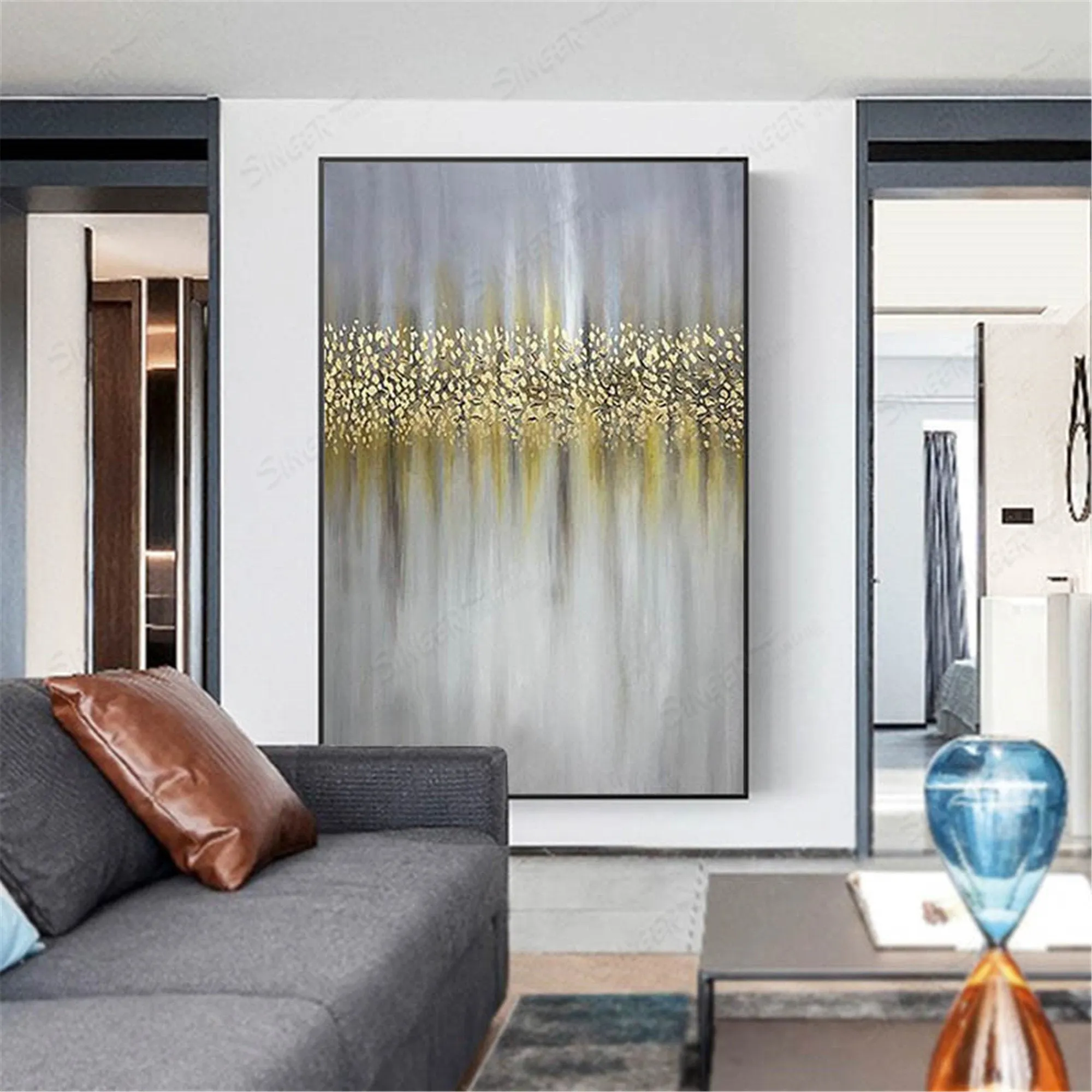 Gold art abstract painting canvas gray wall art  for living room Gp025