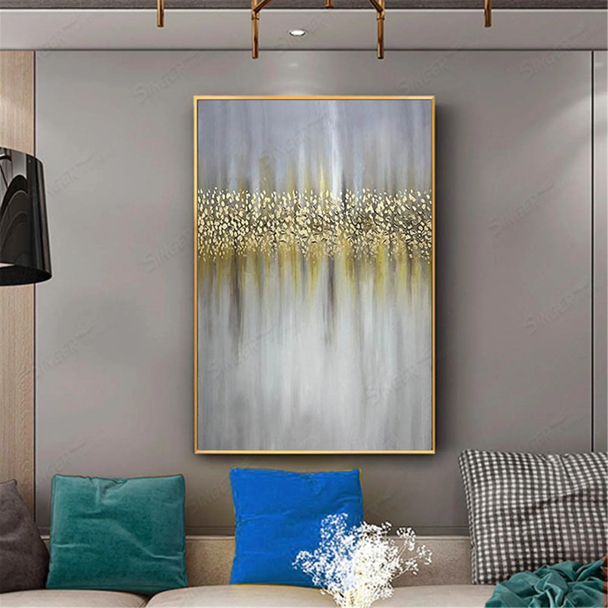 Gold art abstract painting canvas gray wall art  for living room Gp025