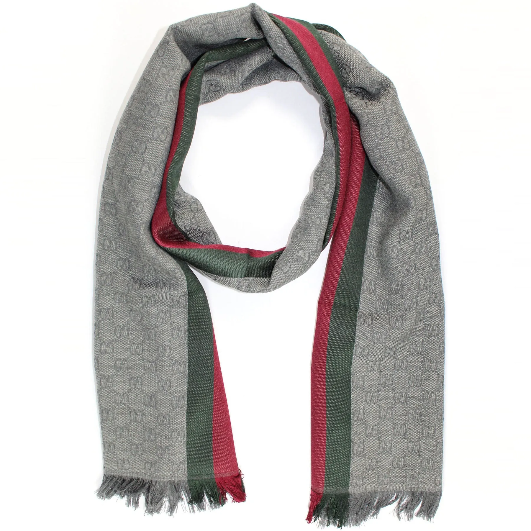 Gucci Scarf Gray Red Green Stripes GG - Wool Silk Shawl