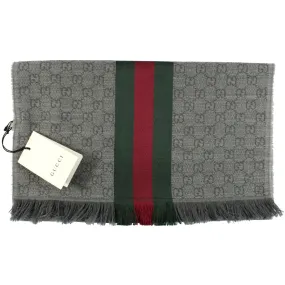 Gucci Scarf Gray Red Green Stripes GG - Wool Silk Shawl