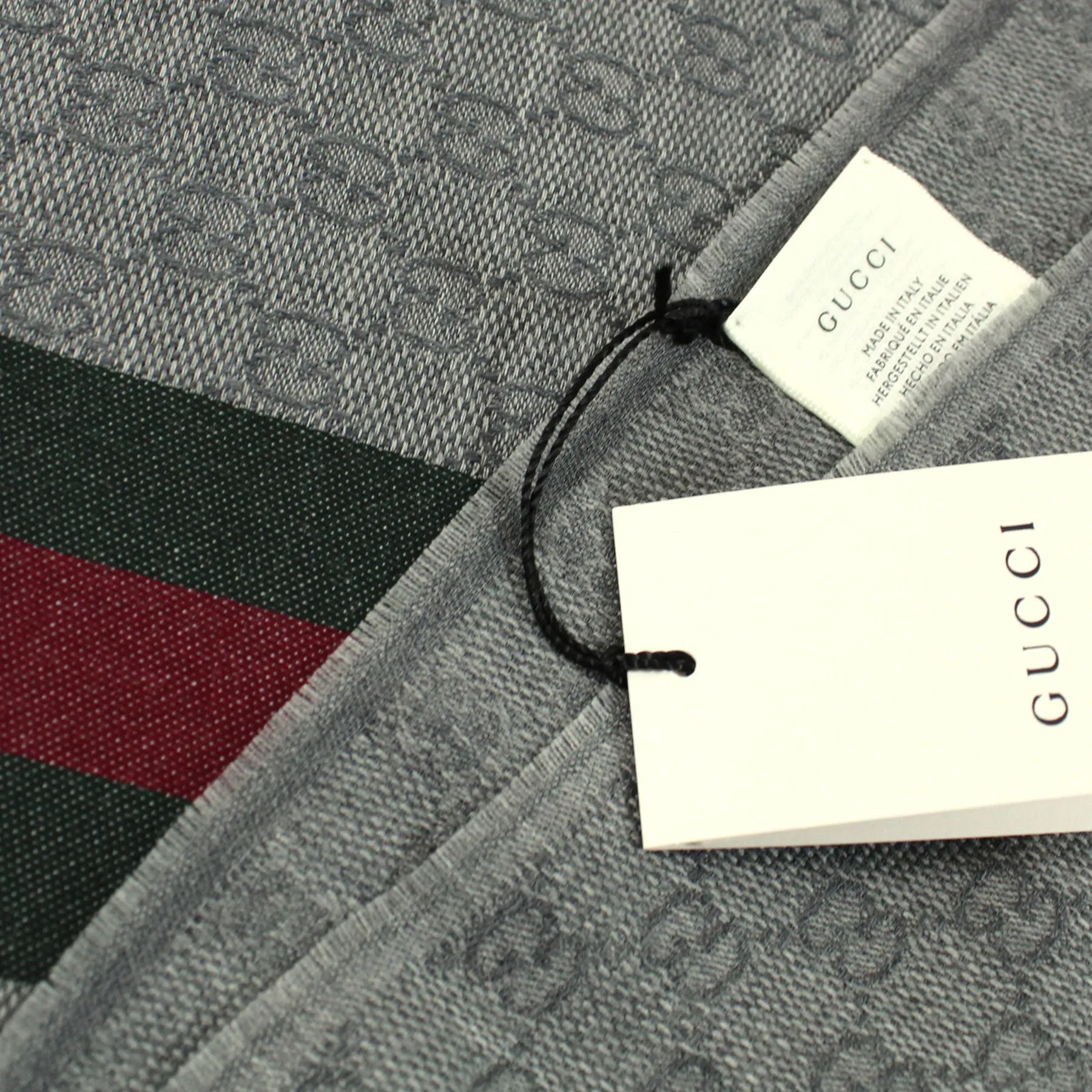 Gucci Scarf Gray Red Green Stripes GG - Wool Silk Shawl