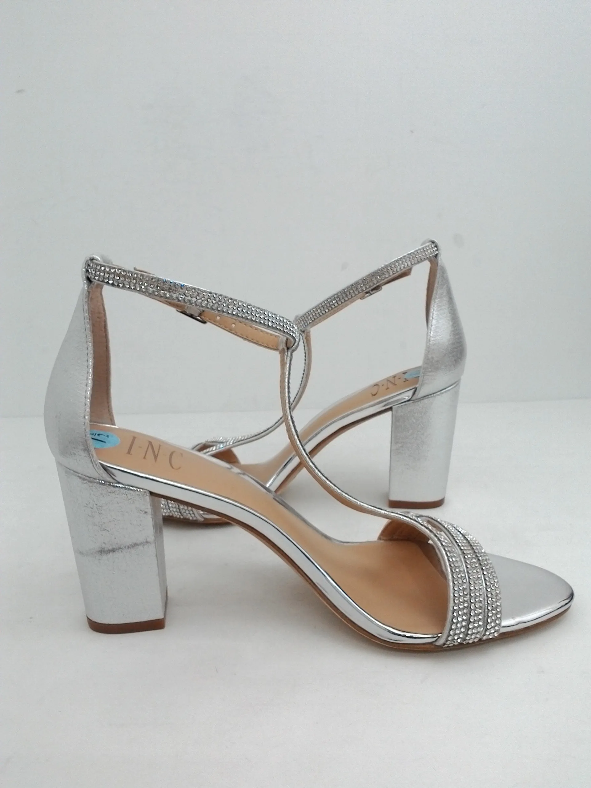 INC International Concepts Women's Block Heel Silver Sandal Size 7.5 M