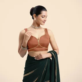 Ishika x Tyohaar | Metallic Copper Sleeveless FlexiFit™ Saree Blouse with Beetle Leaf Neckline with Golden Gota Lace and Back Cut-out with Tie-Up