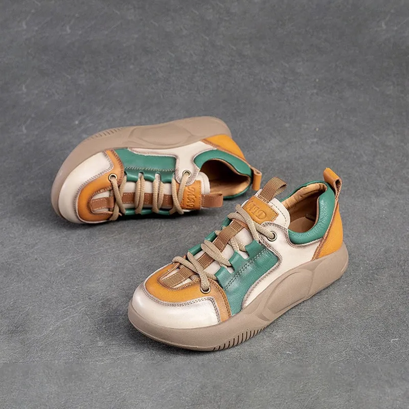 Leather Low-top Sneakers for Women Lace up in Beige/Orange