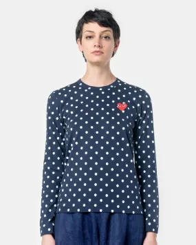 Long Sleeved Polka Dot T-Shirt with Red Heart in Navy/White