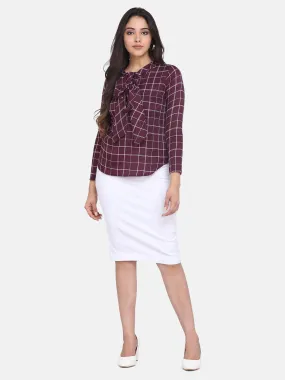 Maroon Crepe Front Tie Top with White Stretch Skirt