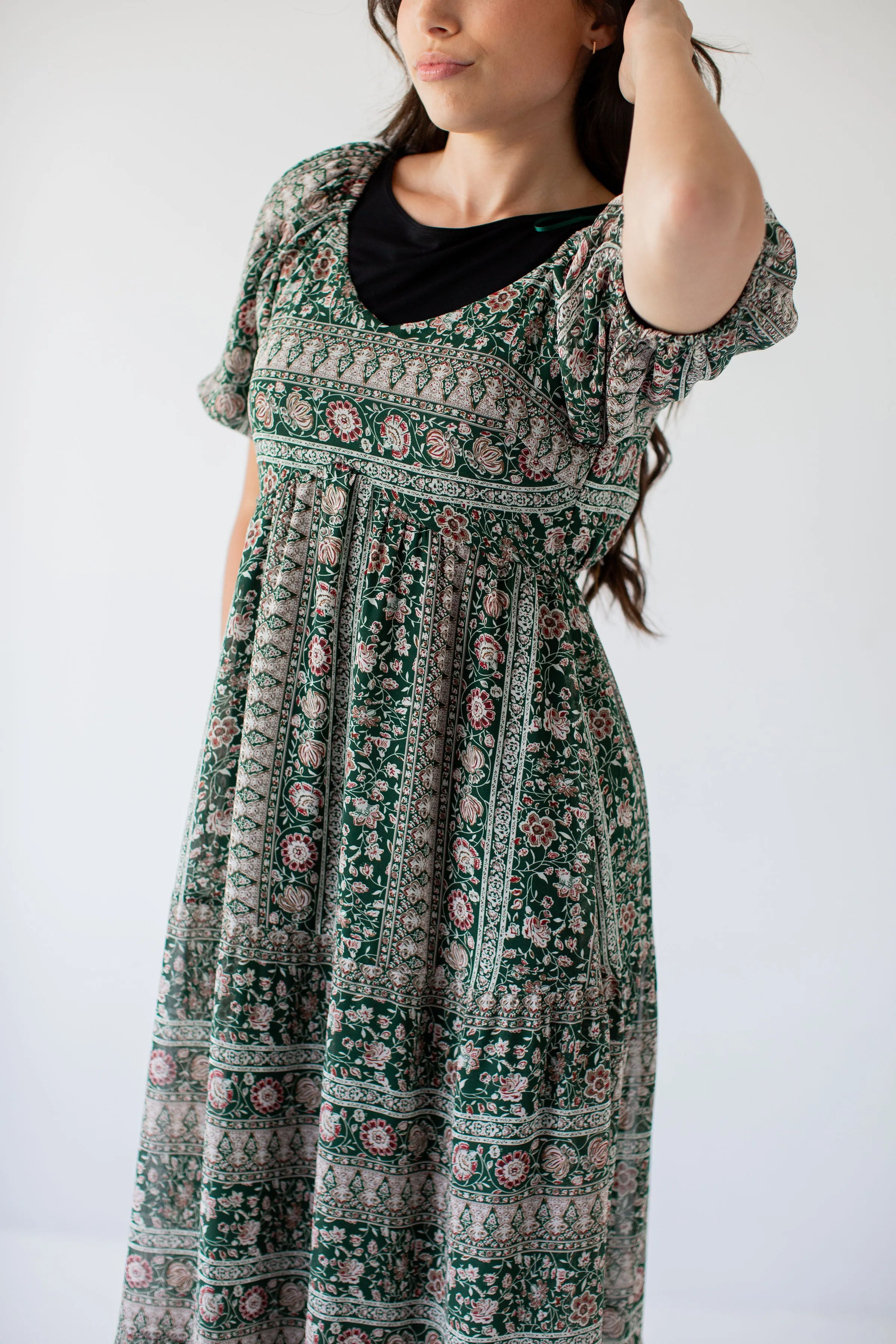 'Medora' Oriental Garden Maxi Dress in Deep Green