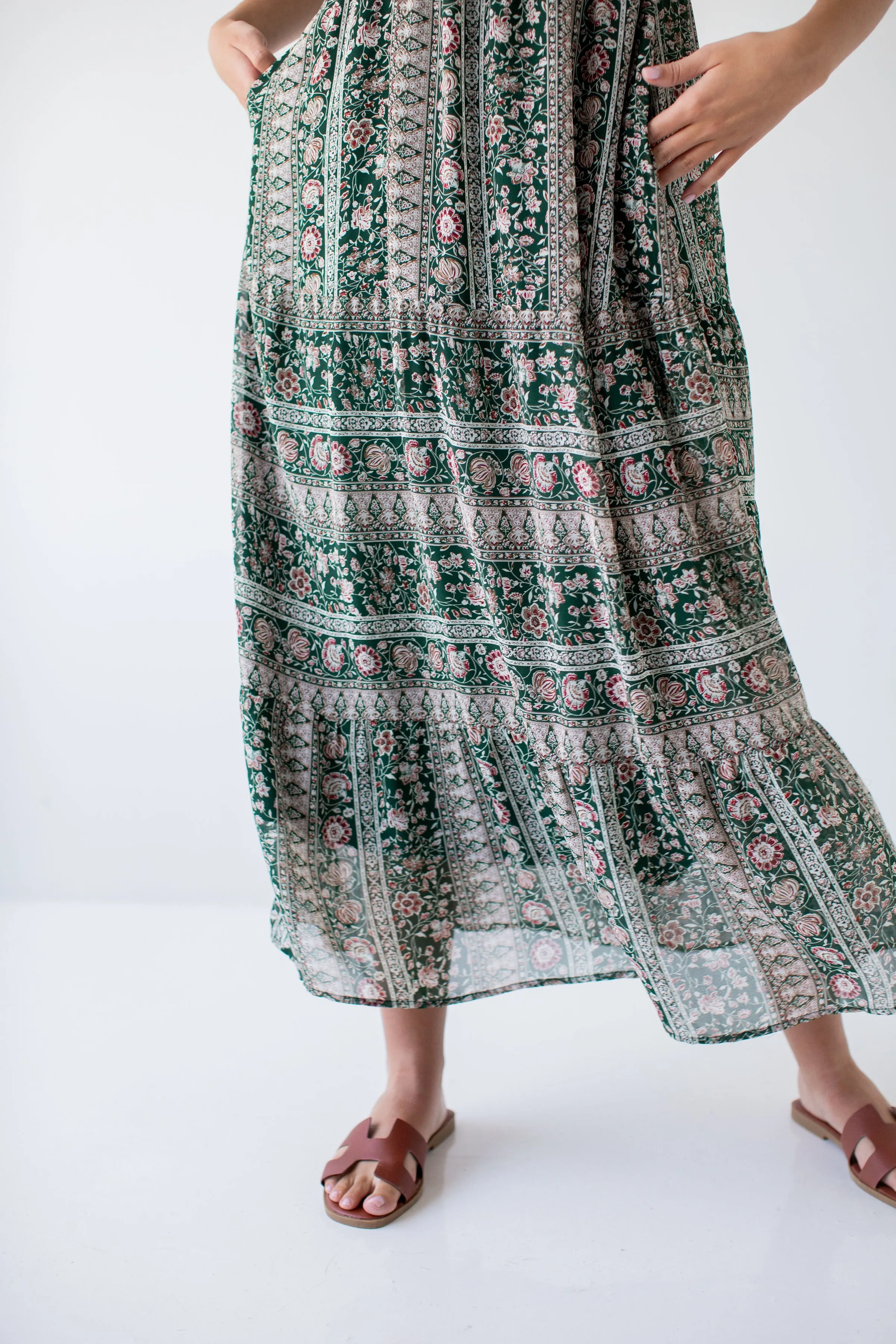 'Medora' Oriental Garden Maxi Dress in Deep Green