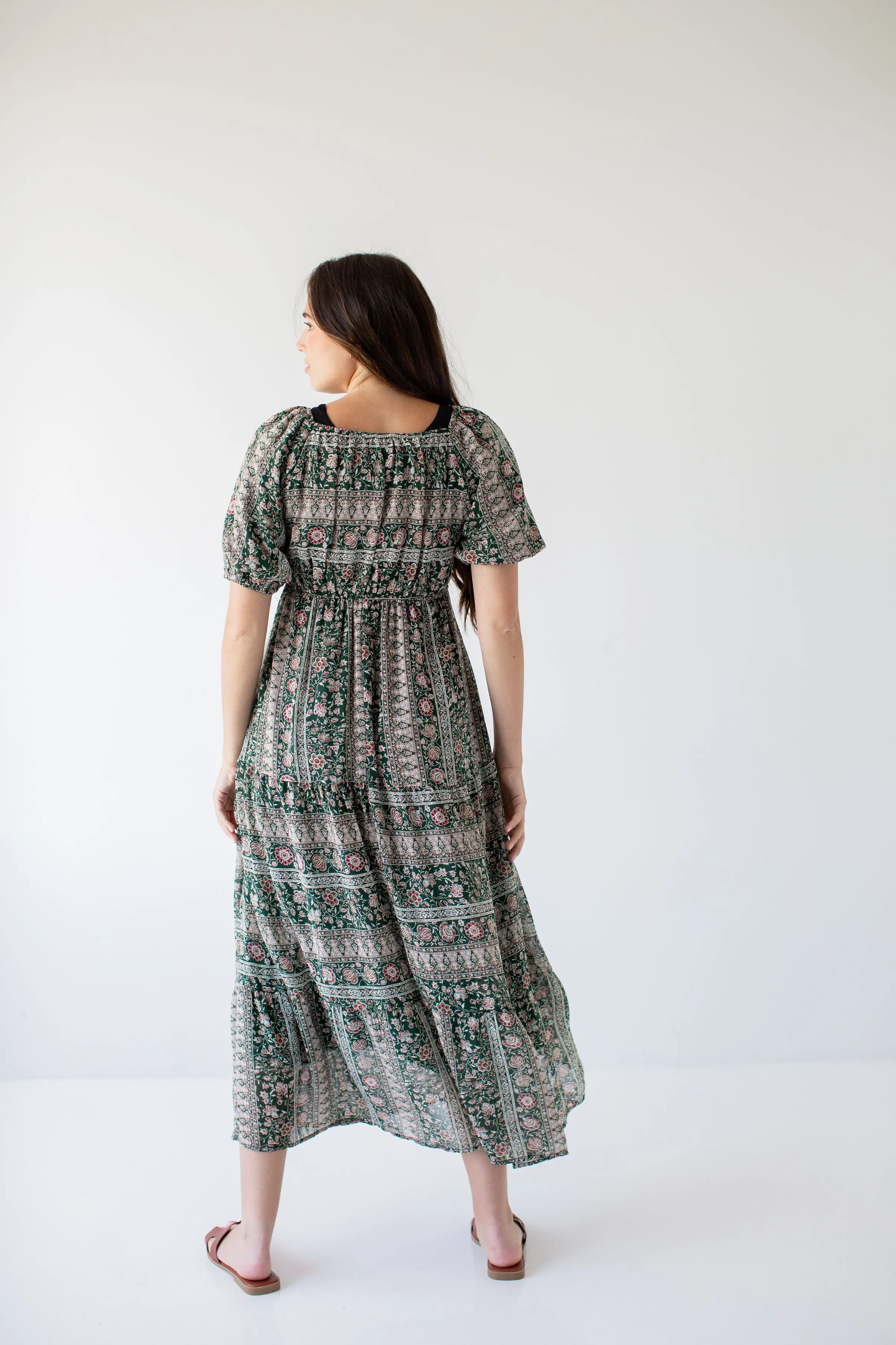 'Medora' Oriental Garden Maxi Dress in Deep Green