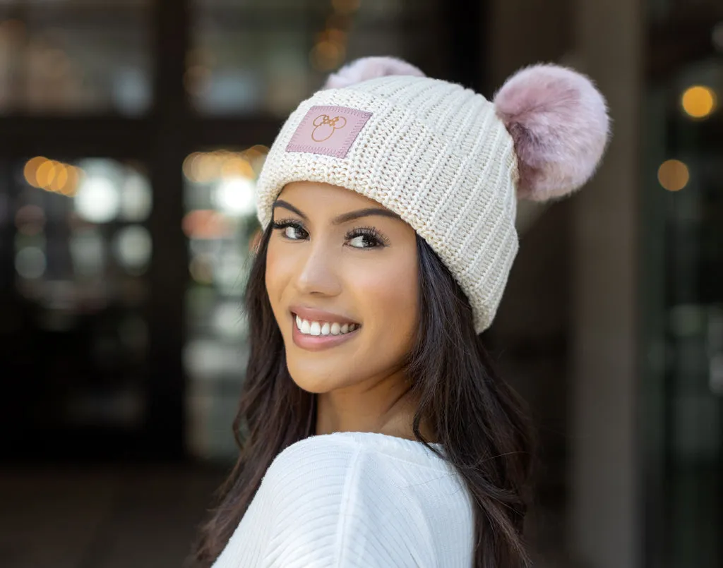 Minnie Mouse Outline Rose Foil Natural Double Pom Beanie