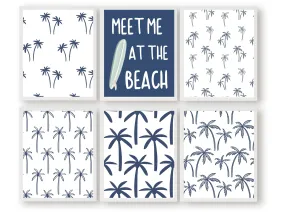 Navy Blue Surfboard Palm Tree Prints - Set of 6