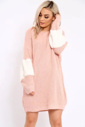 Rose Chunky Knit Fur Sleeve Jumper Dress - Jaycee