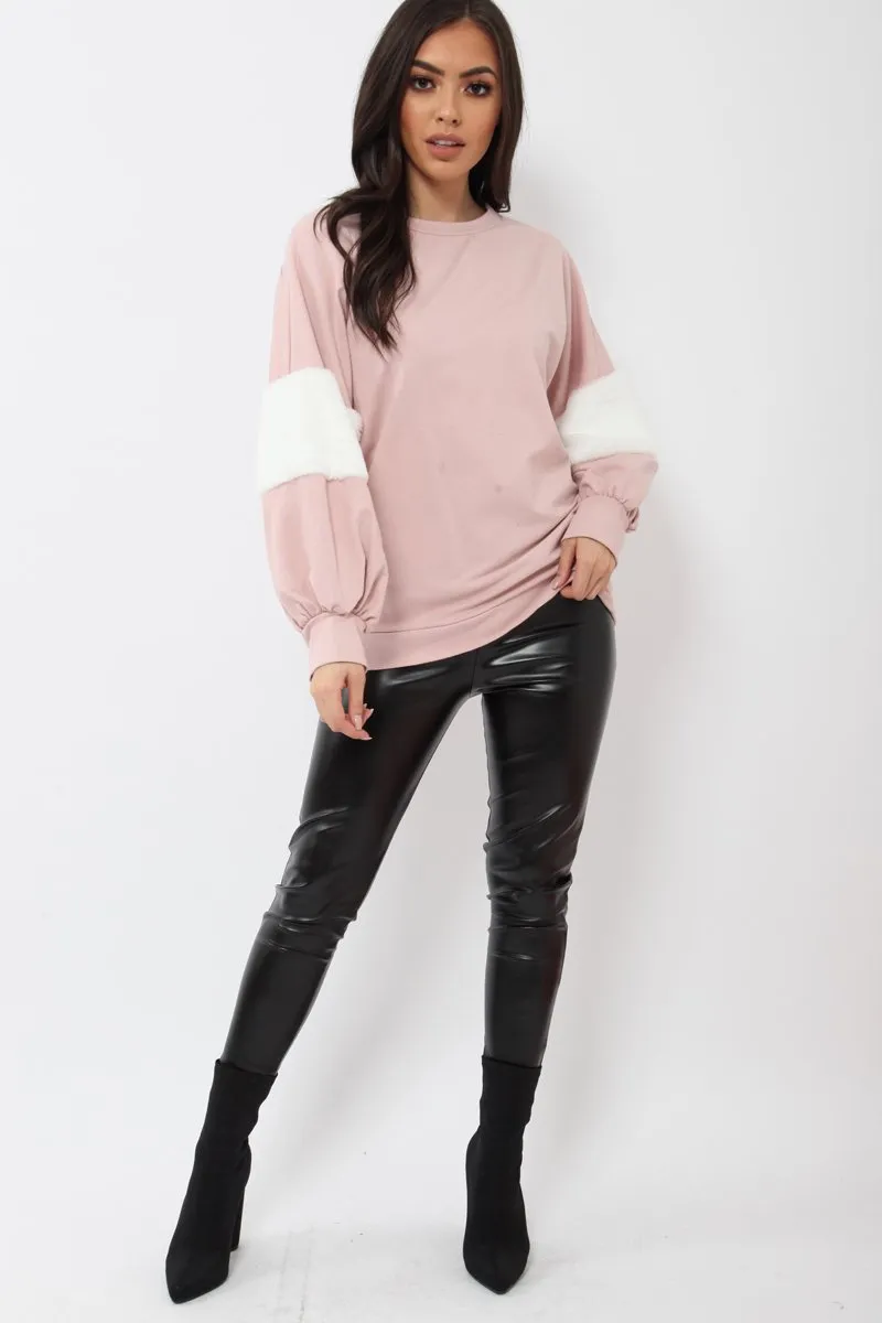 Rose Jumper with White Fur Sleeves - Stephanie