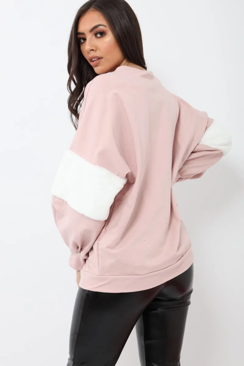 Rose Jumper with White Fur Sleeves - Stephanie