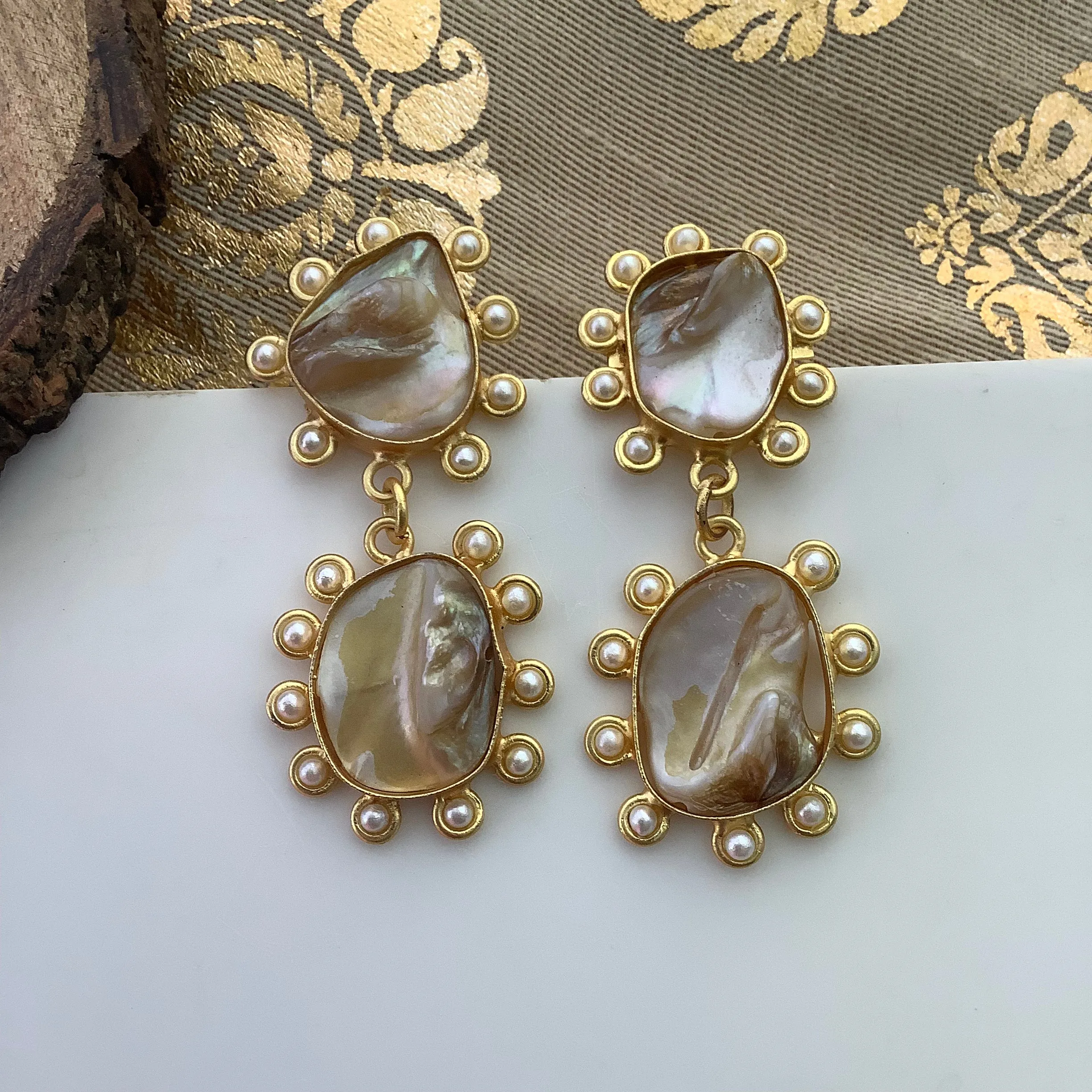 Salvanity Golden Brass Mother of Pearl Kundan (Barroque Pearl) Earrings