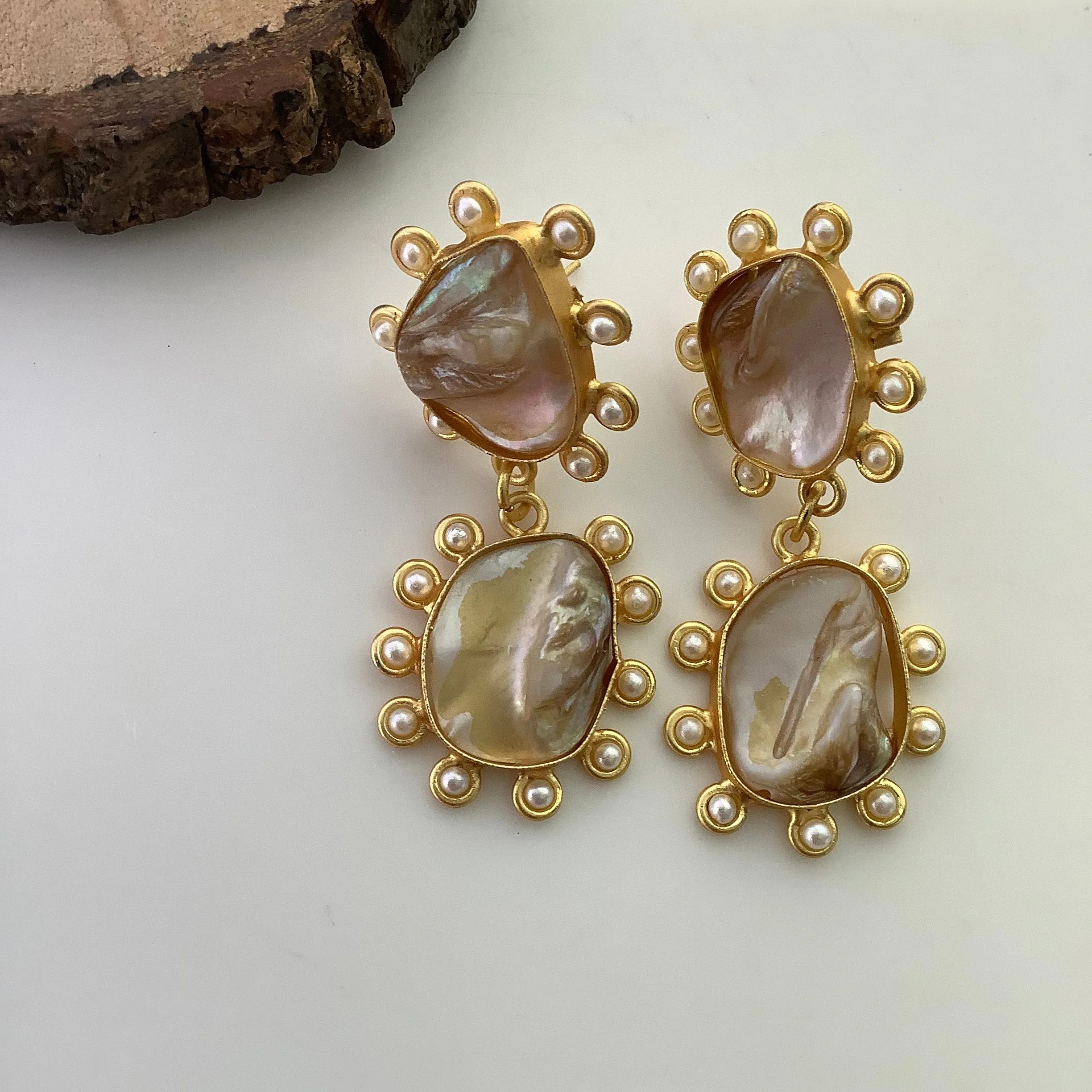 Salvanity Golden Brass Mother of Pearl Kundan (Barroque Pearl) Earrings