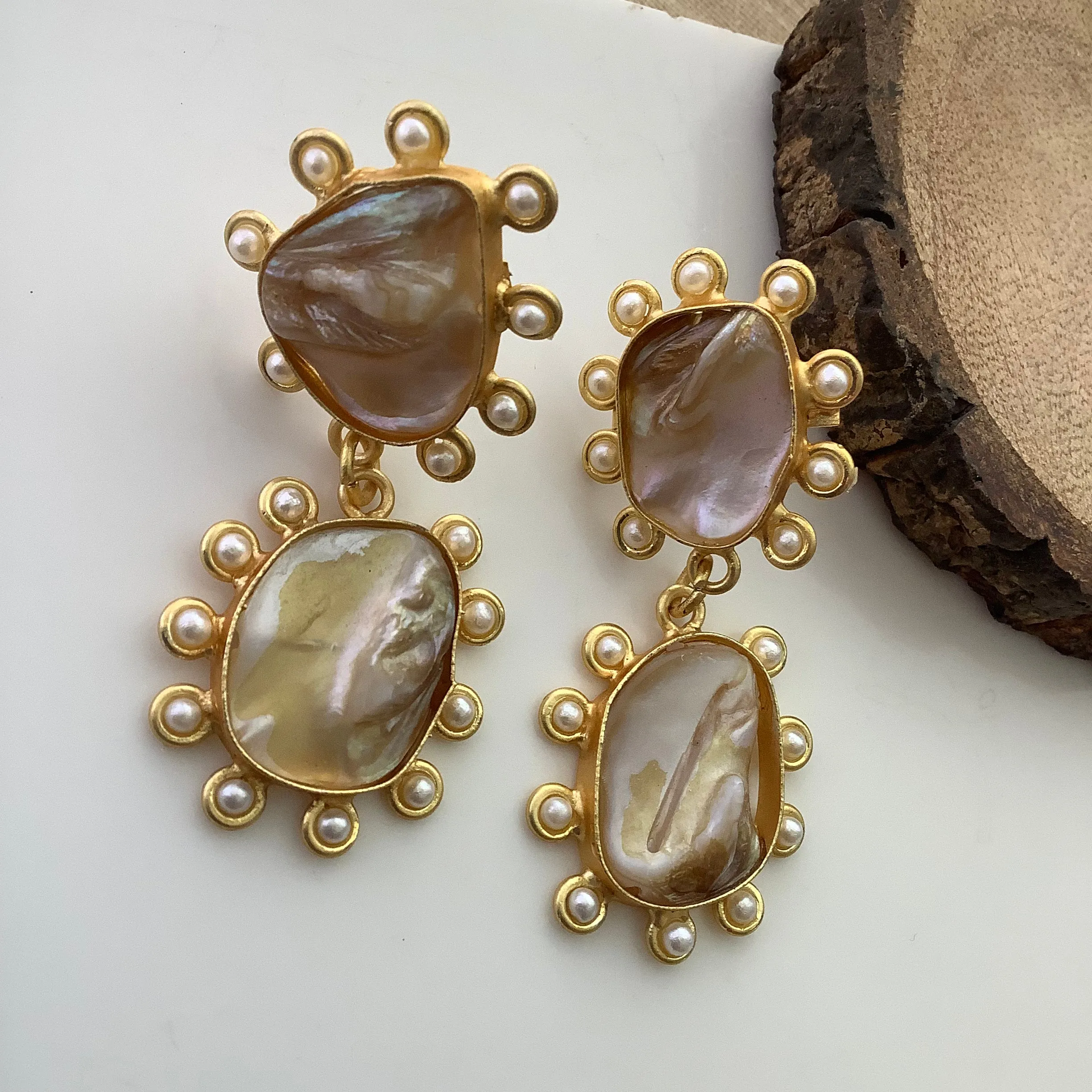 Salvanity Golden Brass Mother of Pearl Kundan (Barroque Pearl) Earrings